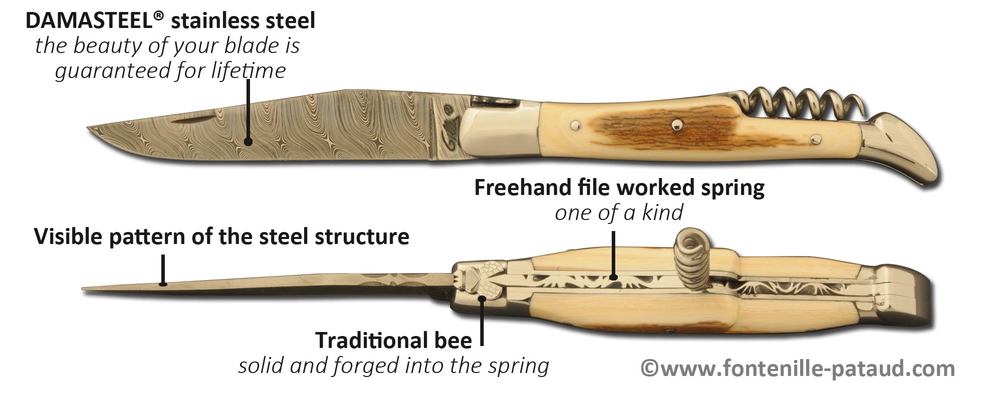 Laguiole knife with corkscrew and damascus blade